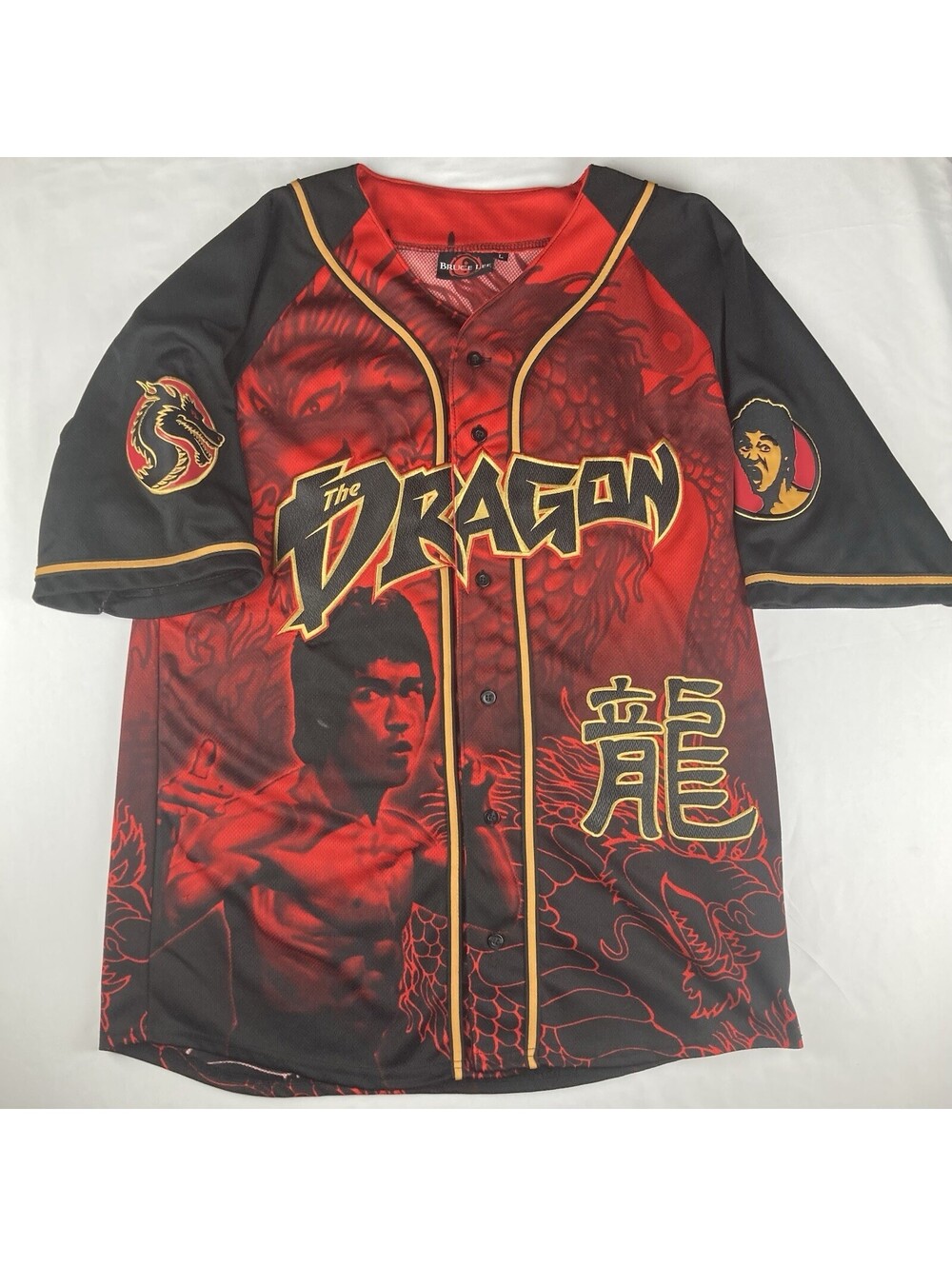 Men’s Large Bruce Lee The Dragon Baseball Jersey Button Shirt Red Black Graphic